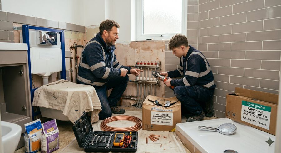 R G Austin Ltd engineers fitting an underfloor heating manifold system during a bathroom renovation in London