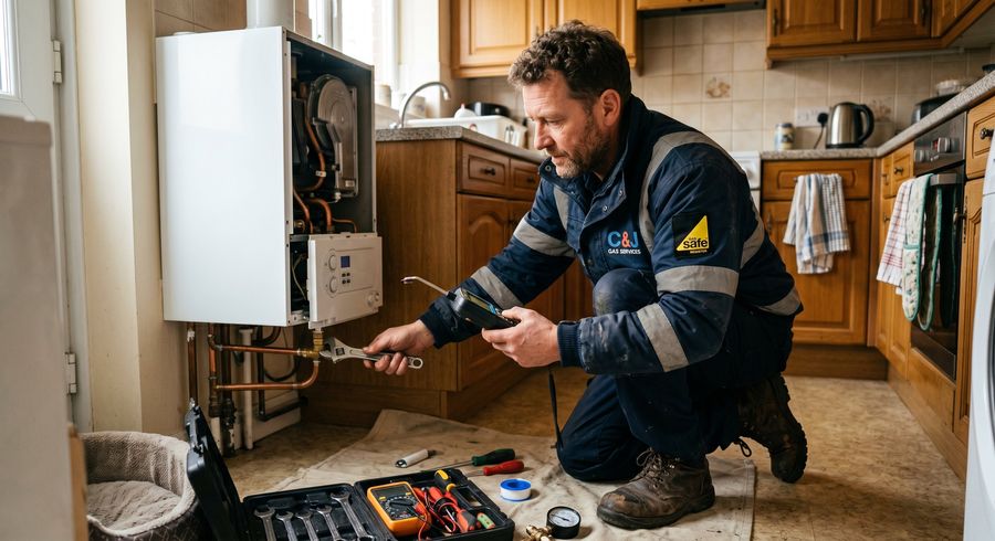 Gas Safe engineer carrying out a boiler installation in a South East London kitchen — R G Austin Ltd
