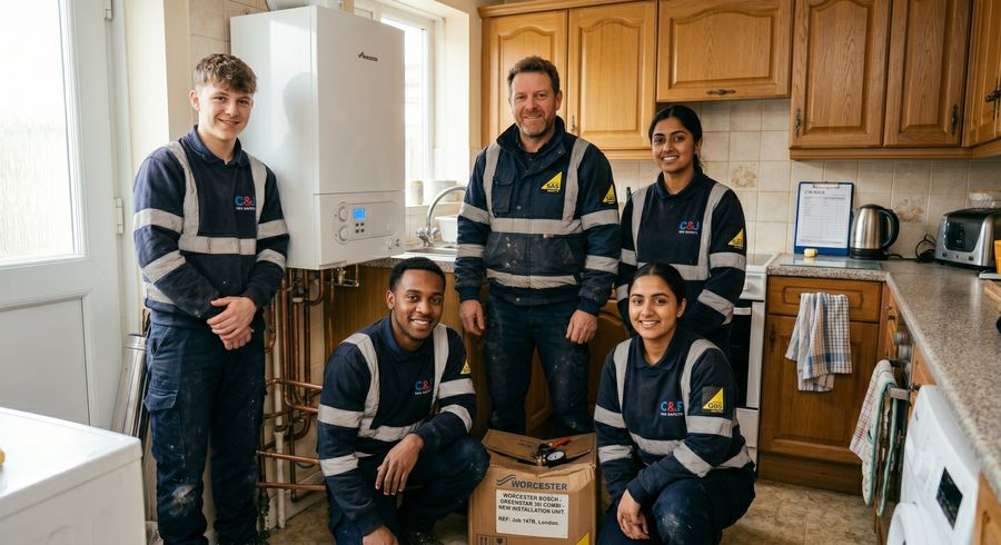 R G Austin Ltd team after completing a Worcester Bosch boiler installation in South East London